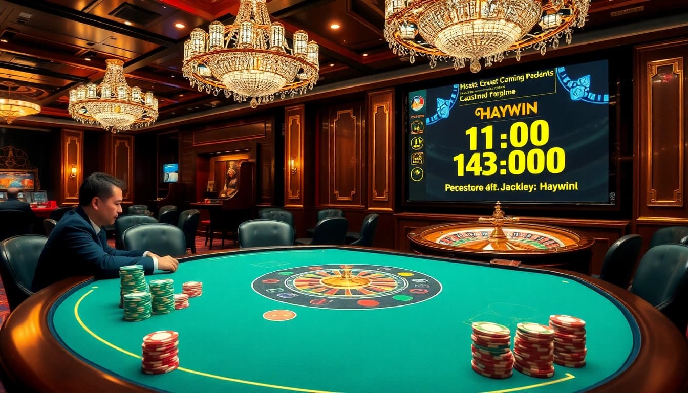 Players enjoying Tài Xỉu at Haywin, with vibrant poker chips and roulette in the background.