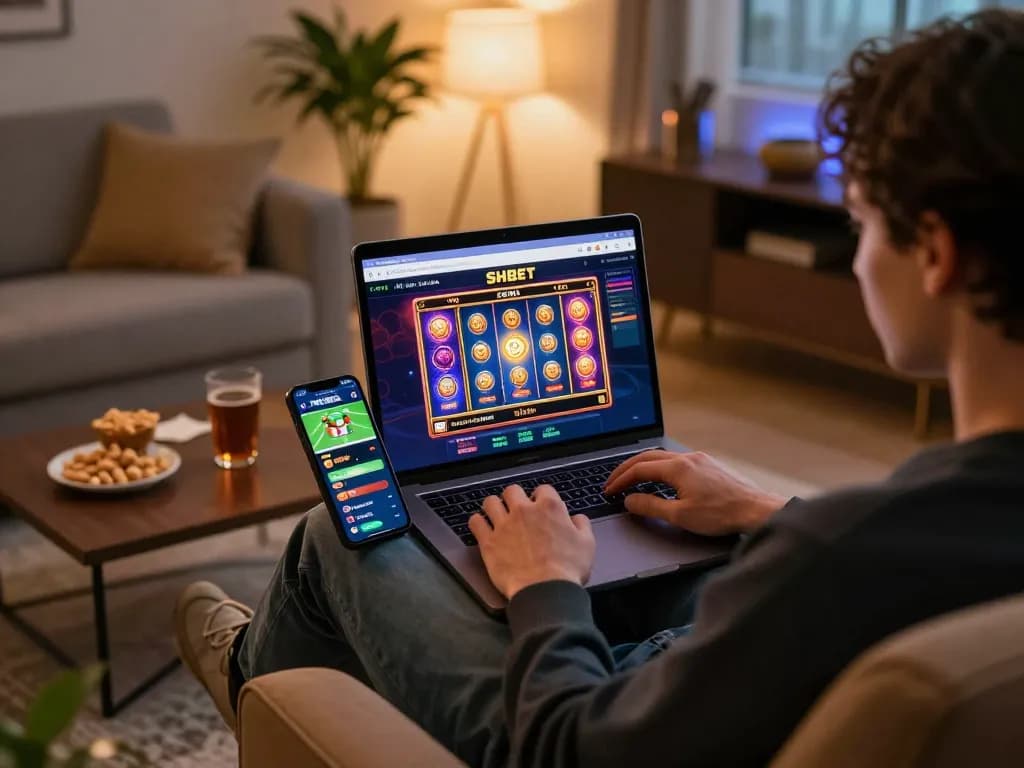 Engaging in online casino games on SHBET with laptop and smartphone in a cozy setting.