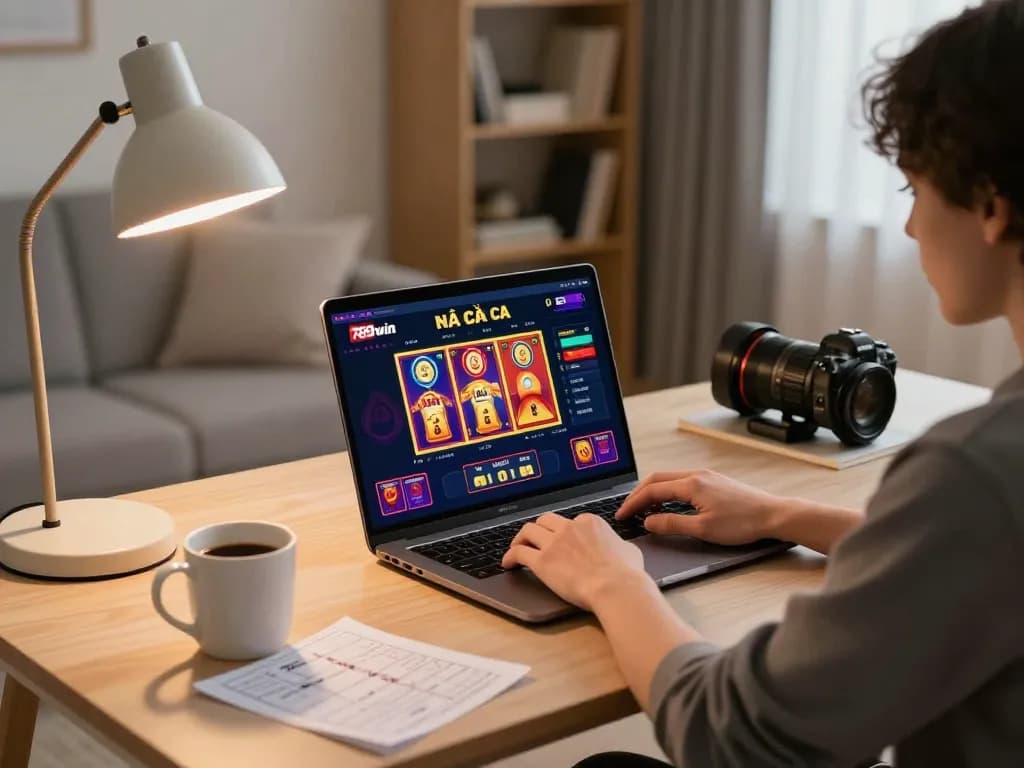 Engaged player explores nhà cái 789win on modern laptop, enhancing online gambling experience.