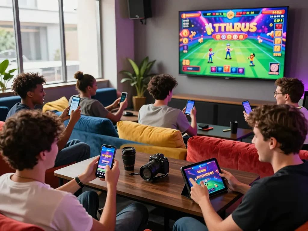 Friends enjoying games on Hitclub app, ensuring hitclub không bị chặn access while having fun in a vibrant gaming lounge.