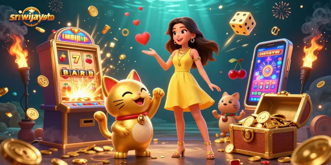 Engage with sriwijayatoto's vibrant casino experience featuring a lucky cat and joyful player.