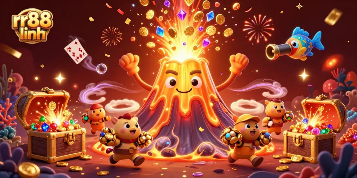 Engage in vibrant casino action with rr88 linh, featuring a jubilant volcano and treasure elements.
