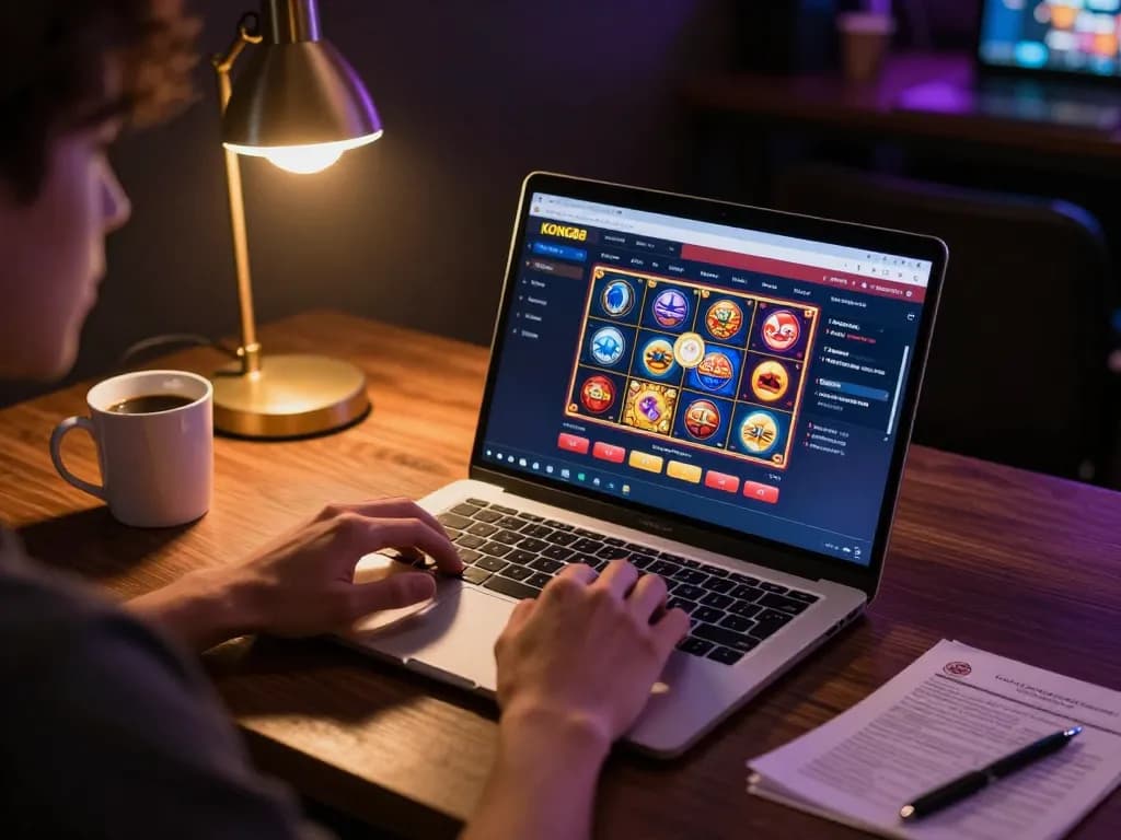KONG88 player engaged in online slots on a laptop with vibrant graphics