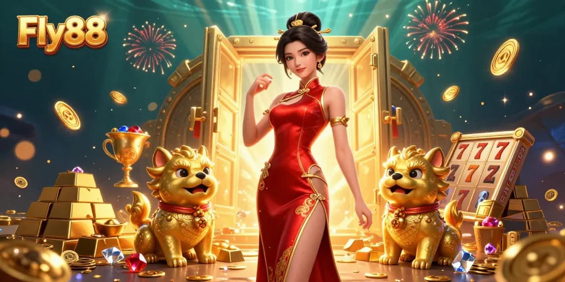 Experience thrilling slots at Fly88 with a glamorous 3D scene of gaming excitement and vibrant art.