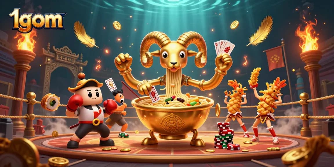 Engage with 1gom's dynamic sports betting environment featuring animated casino characters and vibrant visuals.