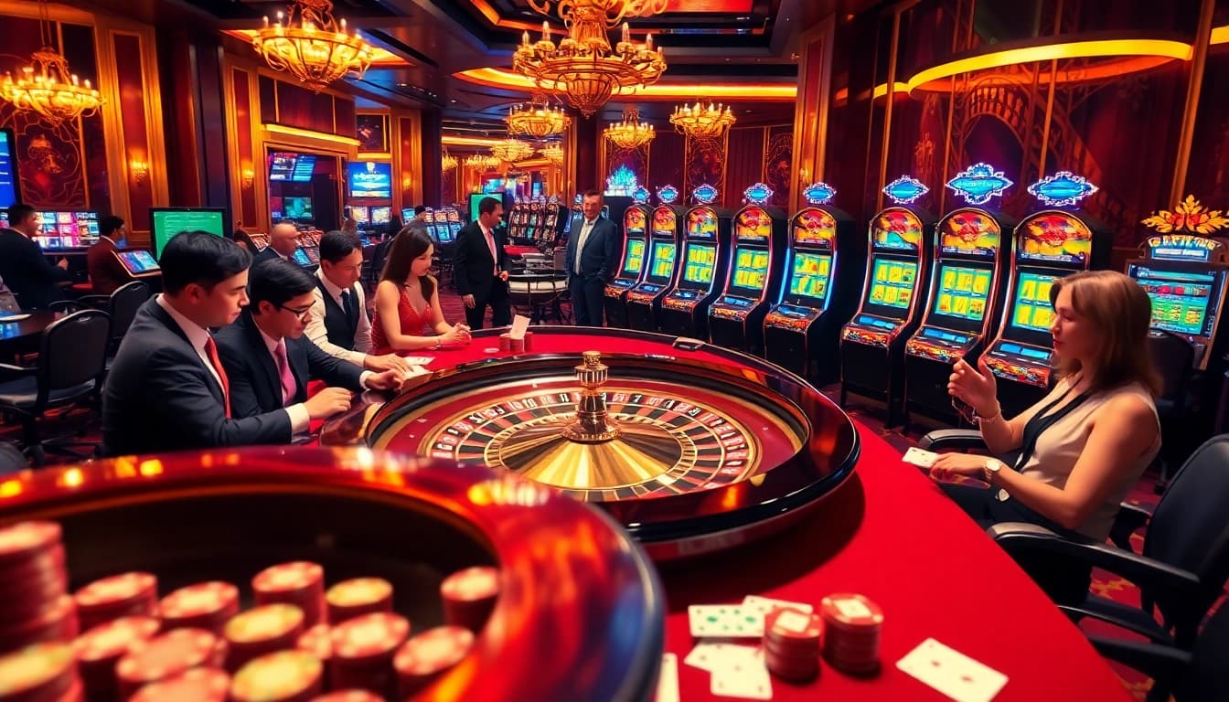 Players engaging in high-stakes gaming at abcvip's luxury casino featuring roulette and poker.