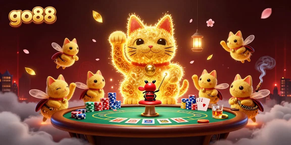 Engage with go88's vibrant casino experience, featuring animated lucky cat and poker elements.