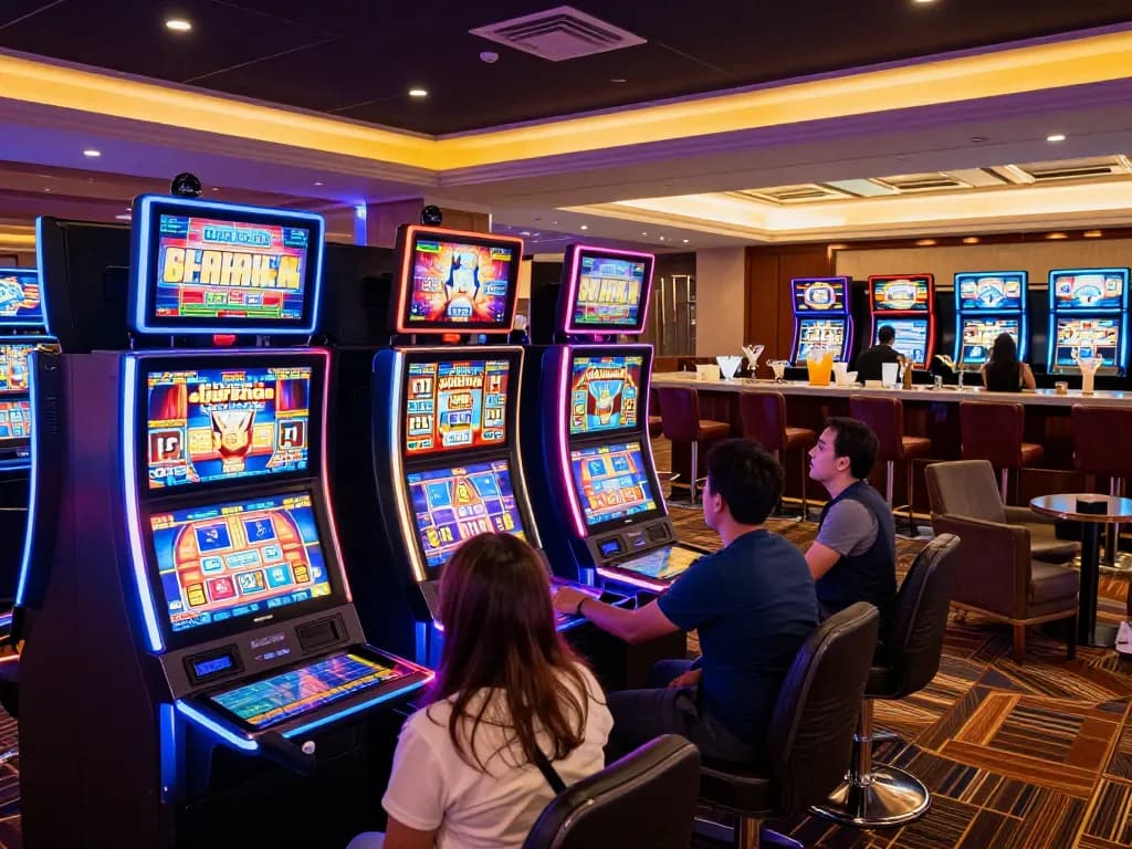 Players enjoying dynamic gaming at luck8com casino with vibrant slots and exciting atmosphere.