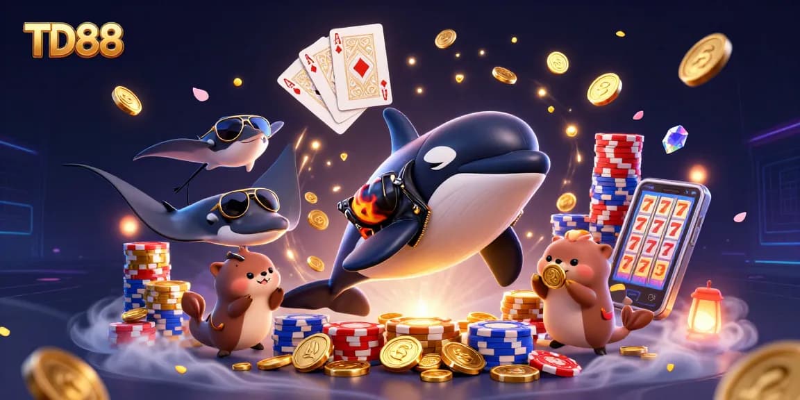 Enjoy thrilling TD88 gaming action amidst cascading coins and vibrant characters.