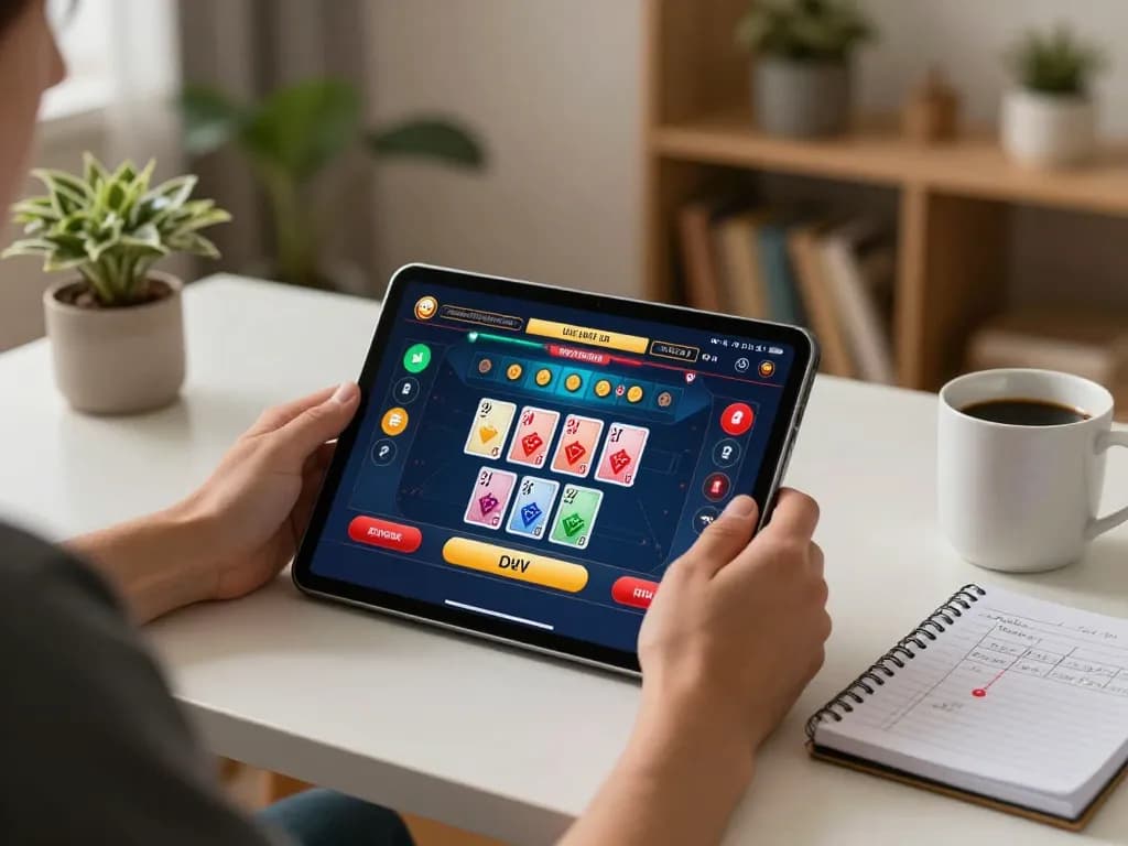 Person engaging with online casino app 68gamebaivn while analyzing strategies at home.