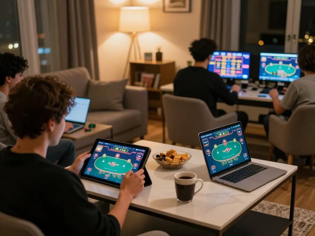 FC88 online casino players engaged in poker strategy at home gaming setup