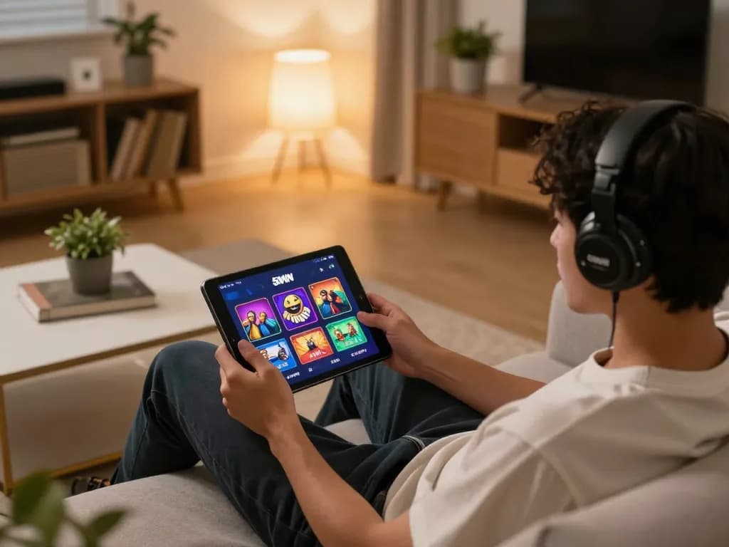 Engaging with the 56WIN app on a tablet in a cozy home setting