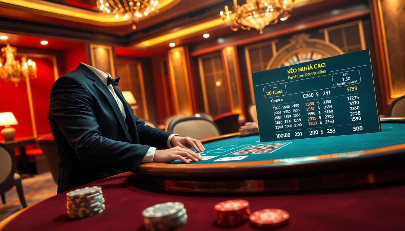 Engaging scene capturing Kèo Nhà Cái betting with casino tables and vibrant poker chips.