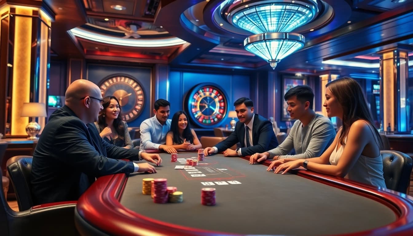 Experience high-stakes gaming with BDTK1 at a luxurious casino poker table featuring vibrant chips and cards.