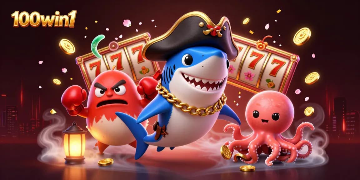 Engage with 100win1 in a vibrant 3D casino world featuring a pirate shark and friends.