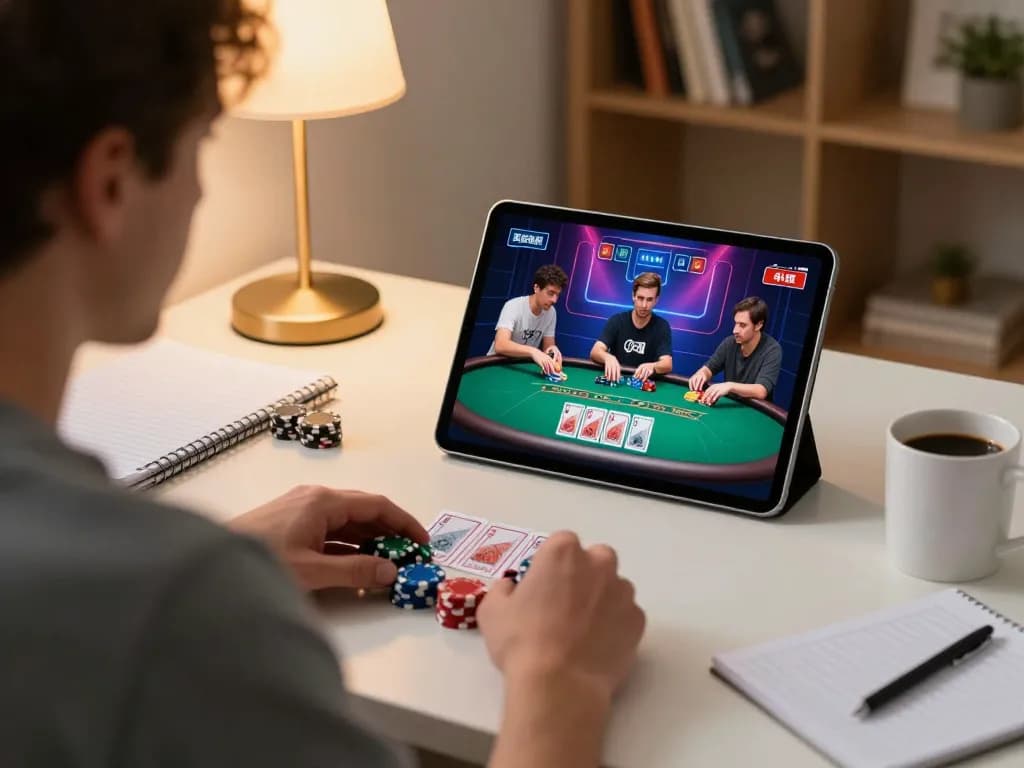 Player enjoying a strategic max 88 poker game on tablet in a cozy home setup.