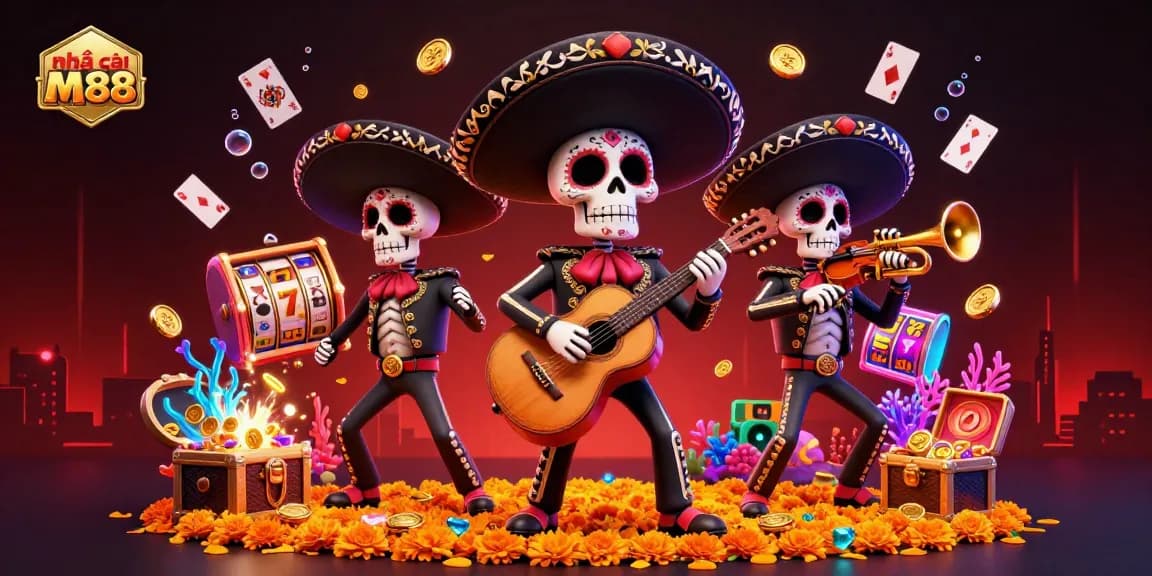 Experience exciting games at nhà cái M88 with a vibrant, colorful casino scene and mariachis.