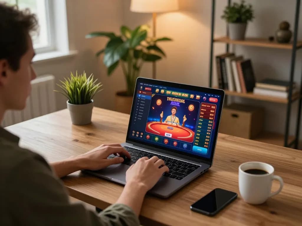 Engaged player exploring top 10 nhà cái uy tín through an online gaming setup, laptop showcasing vibrant game interface.