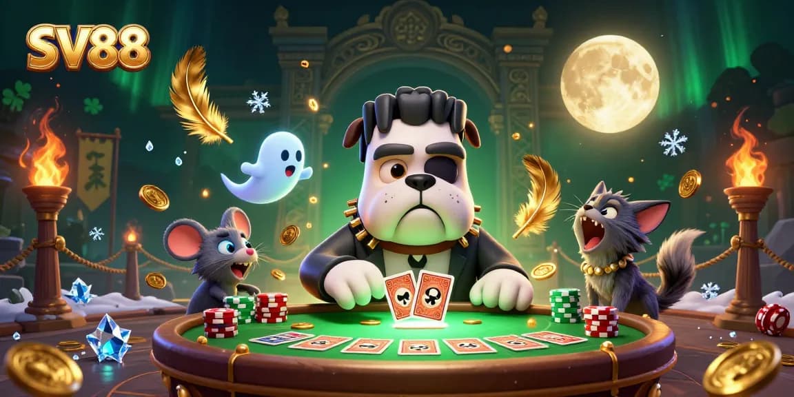 Play with SV88's dynamic casino features, including a Frankenstein bulldog dealer and playful ghost mouse.