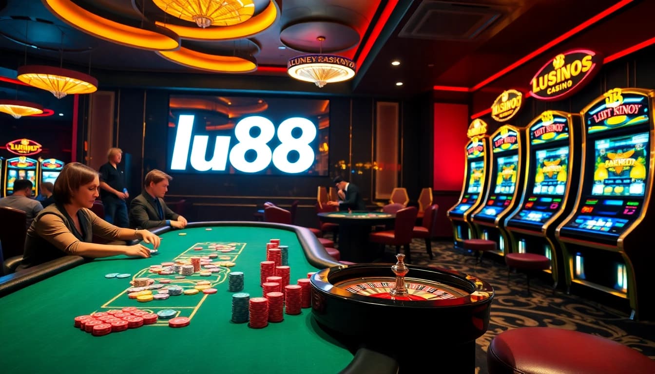 Engaging scene at lu88.com casino with players at poker table and vibrant slot machines.