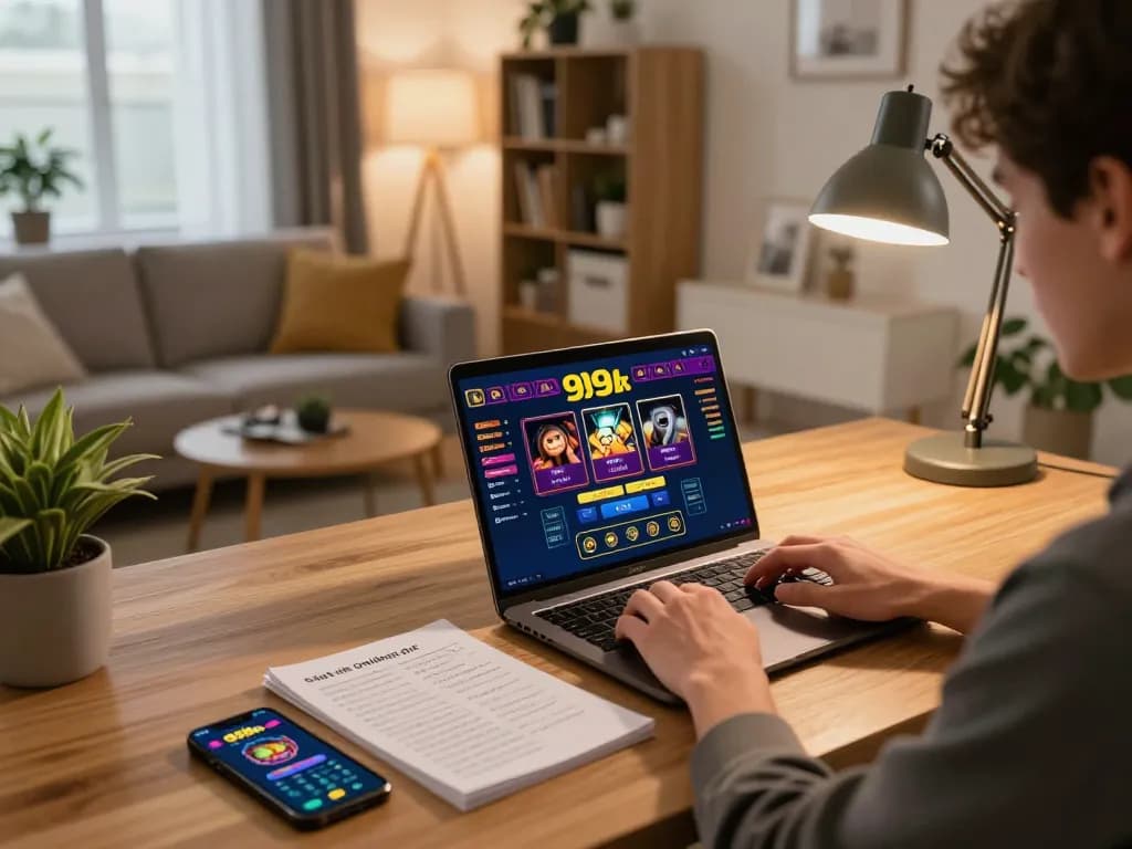 Engaged user playing 999bet online casino on laptop in cozy living room setting.