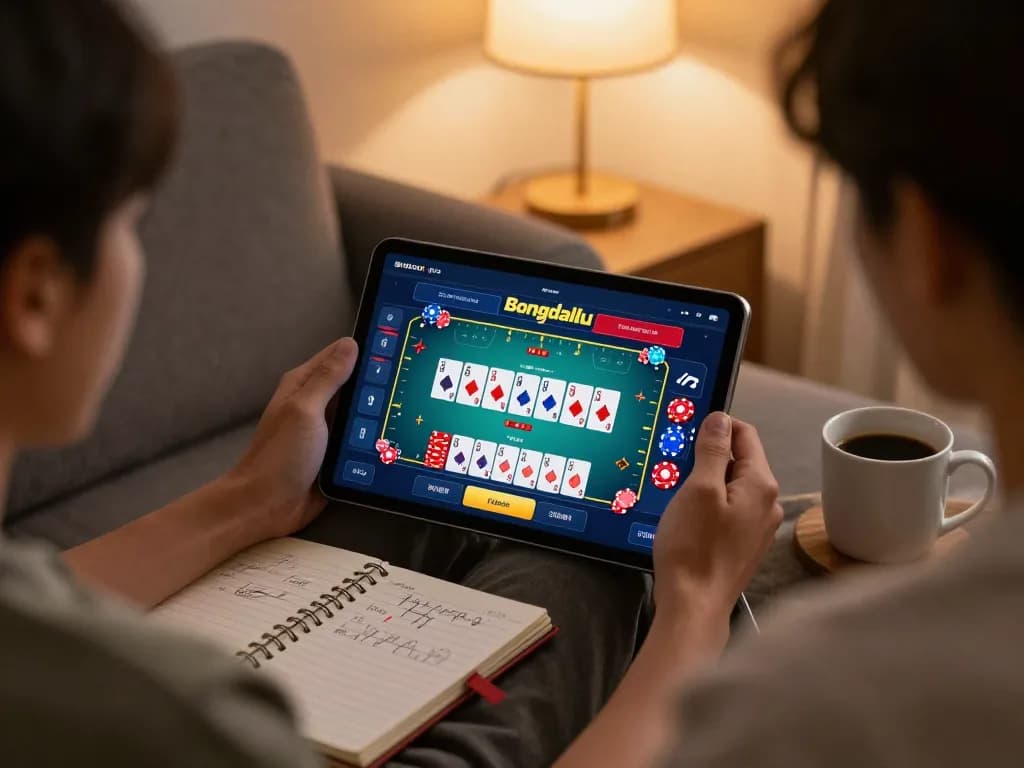 Bongdallu user engages in online casino gaming from home, showcasing a strategic setup with notes and tablet interface