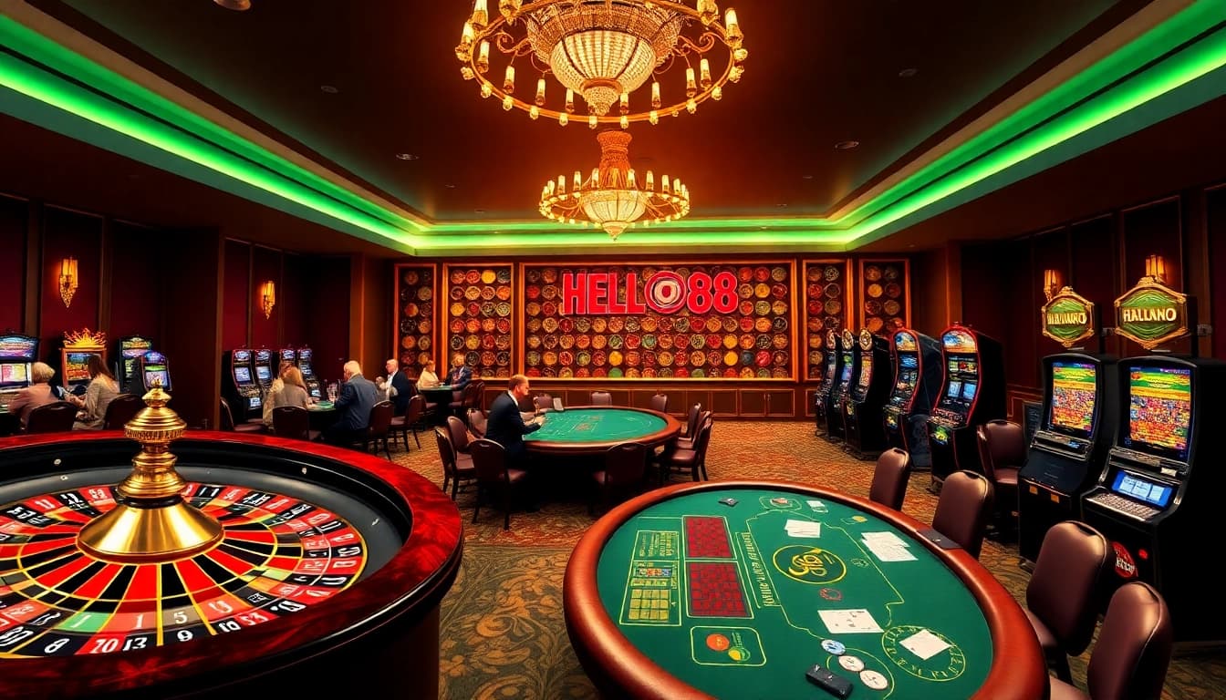 Experience live gaming with HELLO88 at a vibrant casino featuring roulette, poker, and slots.