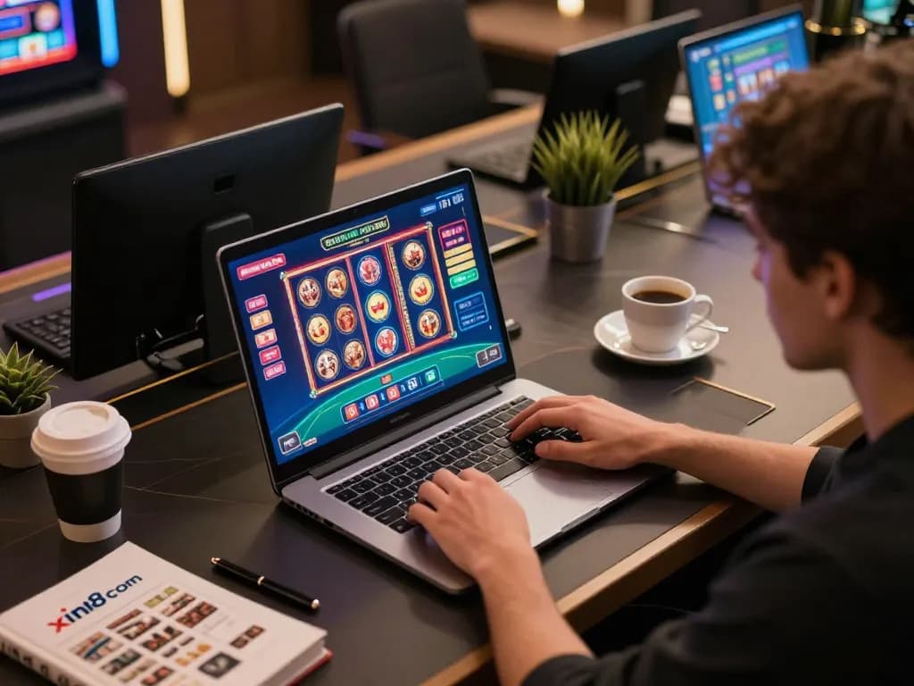 Engaged player at a stylish desk gaming on xin88 com, showcasing online casino excitement and strategy.