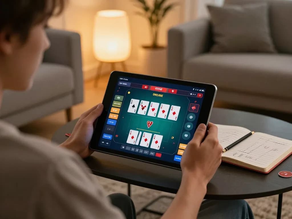 Engaging in online poker at home using a tablet, featuring 78wim poker interface and strategy notes.
