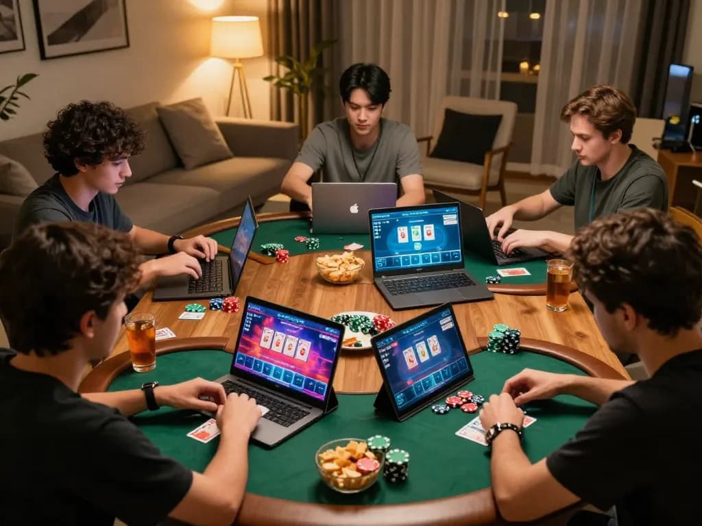 Players engaged in an online poker game via Fly88, showcasing strategic gameplay and a friendly atmosphere.