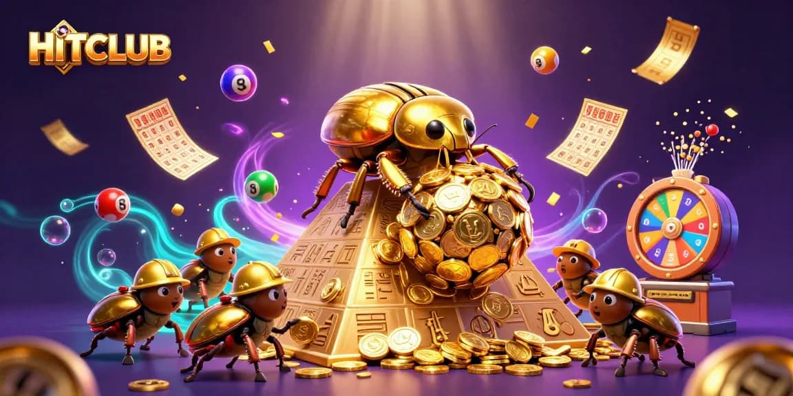 Join HITCLUB in an exciting casino-themed scene featuring golden beetles and dynamic lottery elements.