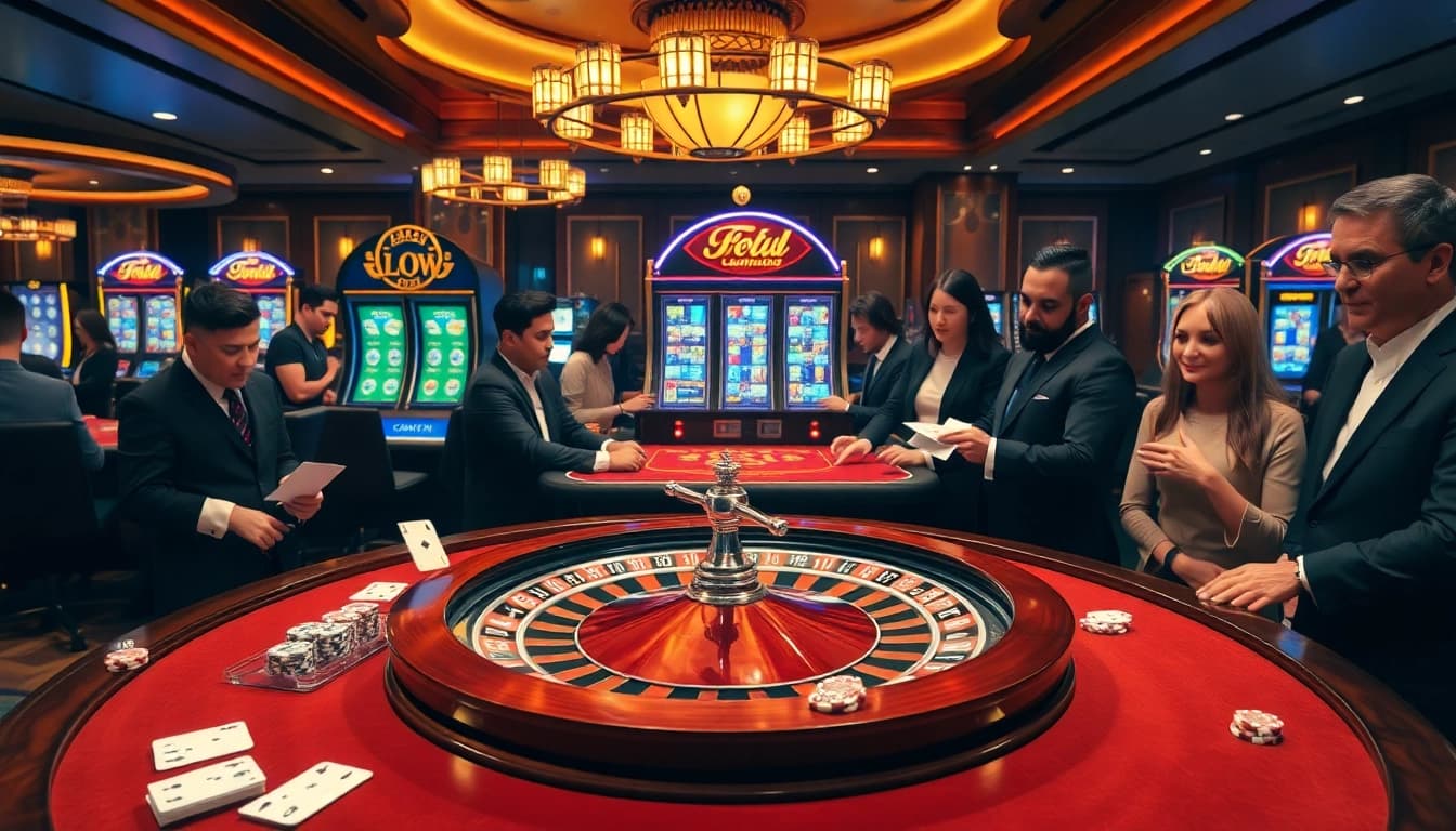 Players enjoying immersive gambling experiences at NK88 casino with roulette and slot machines.