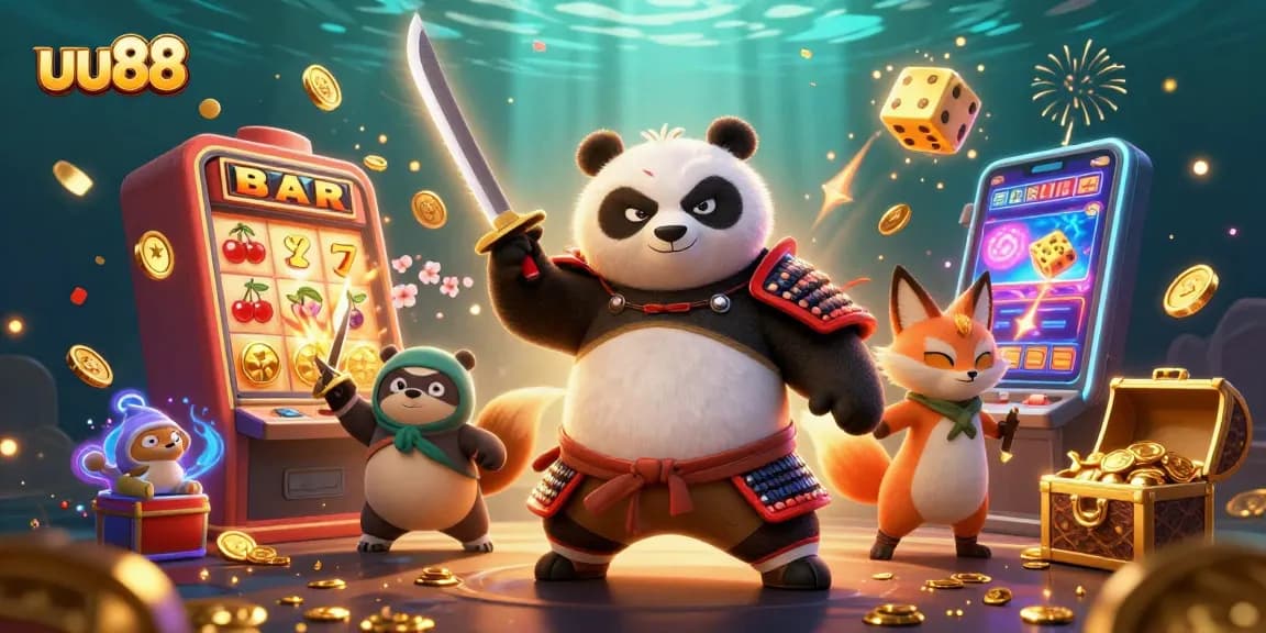 Experience excitement at uu88 with a vibrant 3D scene featuring a samurai panda, ninja fox, and magical tanuki among casino elements.