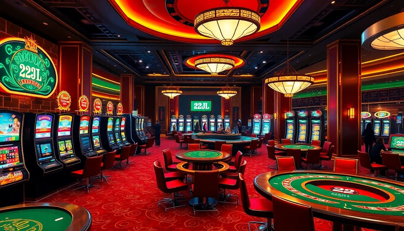 Engaging in thrilling casino games at 22JL, featuring slot machines and poker tables.