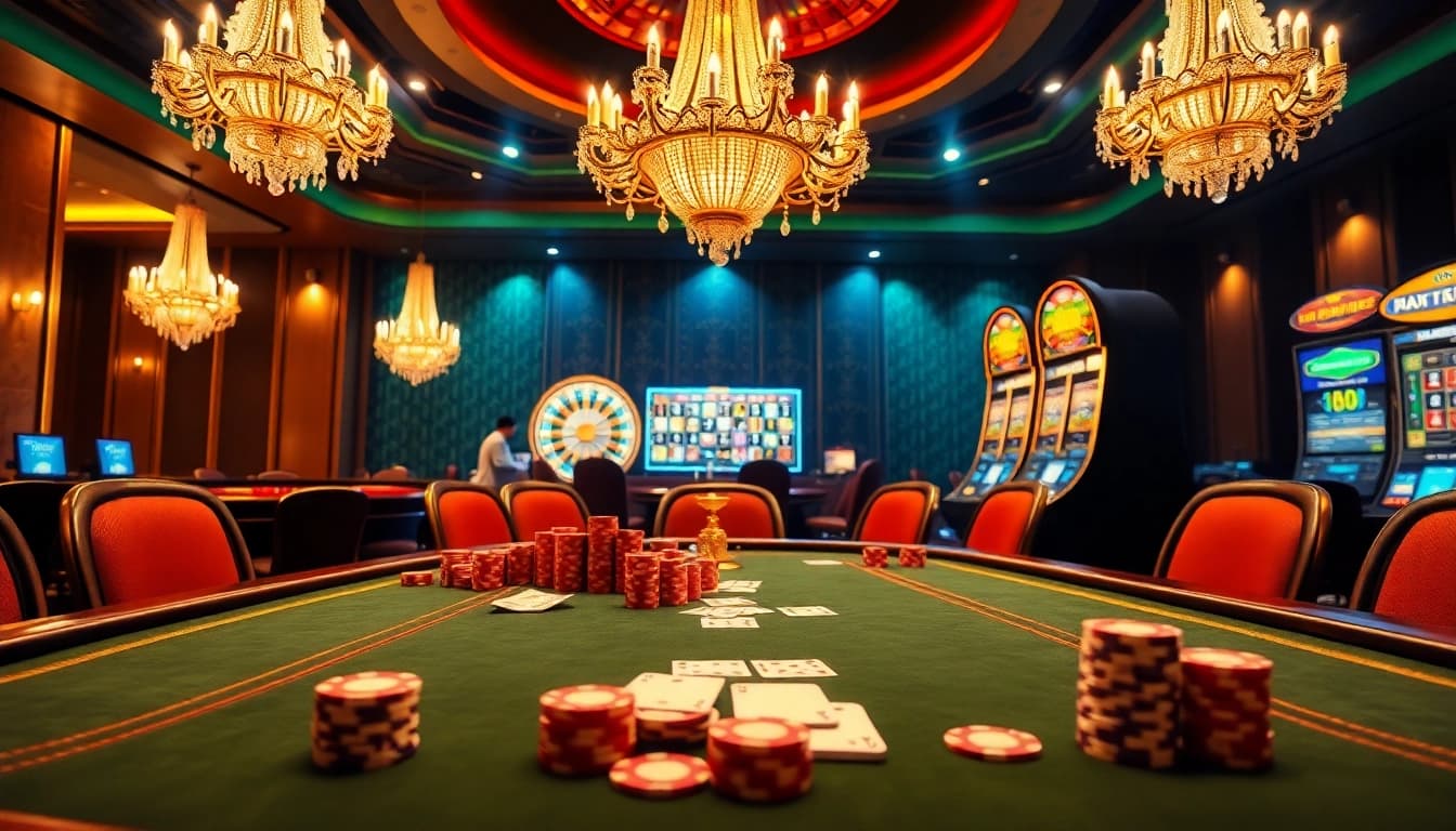 Exciting casino atmosphere showcasing Link mới nhất QQ88 with poker and roulette.