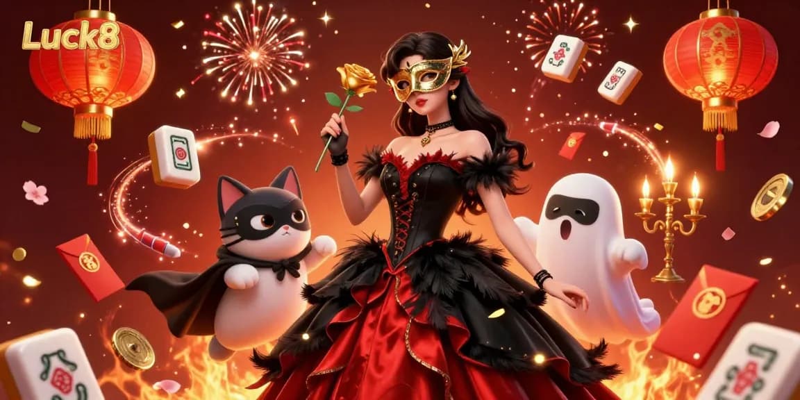 Play thrilling games at Luck8, featuring vibrant characters and festive casino elements.