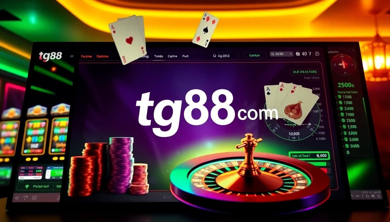 Engaging tg88 com interface displaying slot reels, poker chips, and roulette wheel in a luxury online casino setting