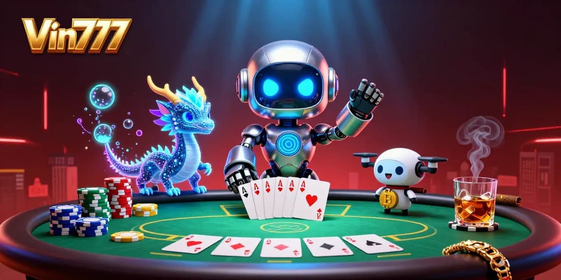 Engage in thrilling gameplay at Vin777, featuring neon cyberpunk characters and vibrant casino elements.