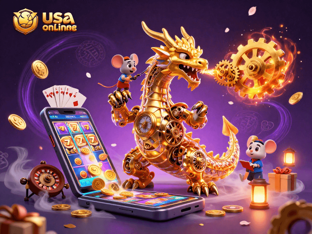Winning in usa online casinos with colorful slot games and a fantastical dragon character.