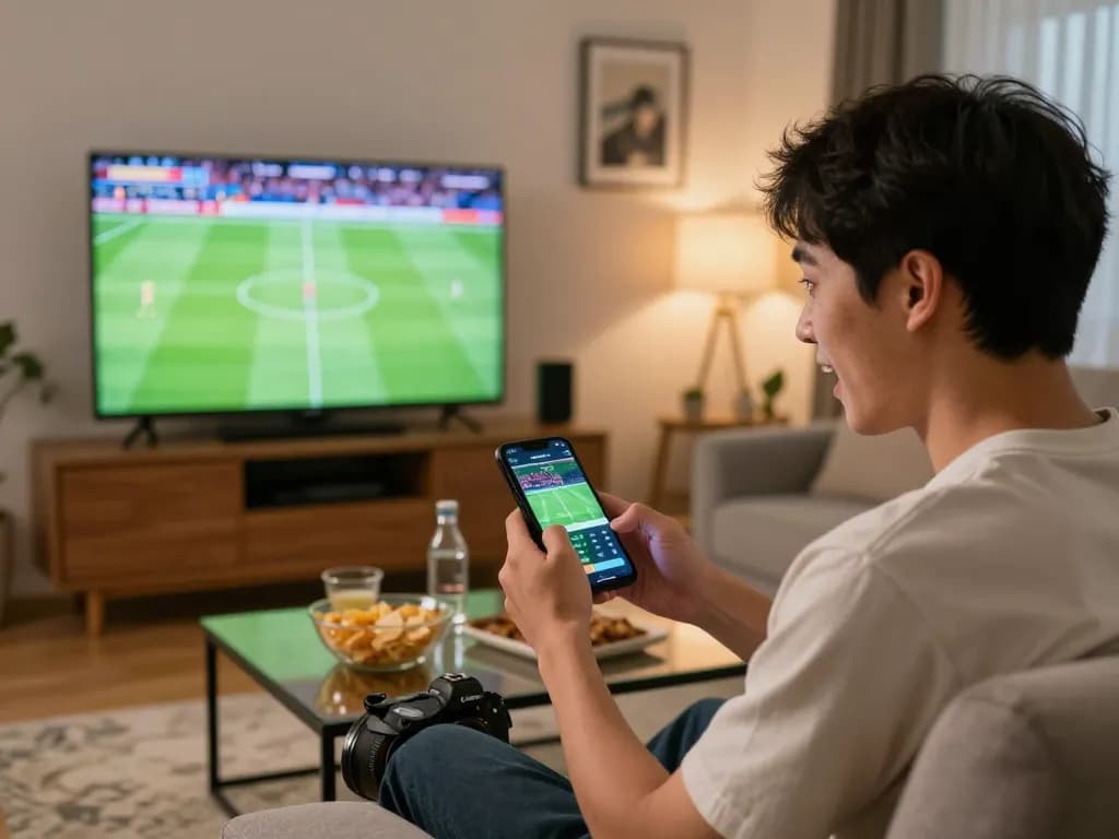 Exciting sports betting scene showing a person using a betting app while enjoying a live match at home, emphasizing trang cá cược bóng đá experience.