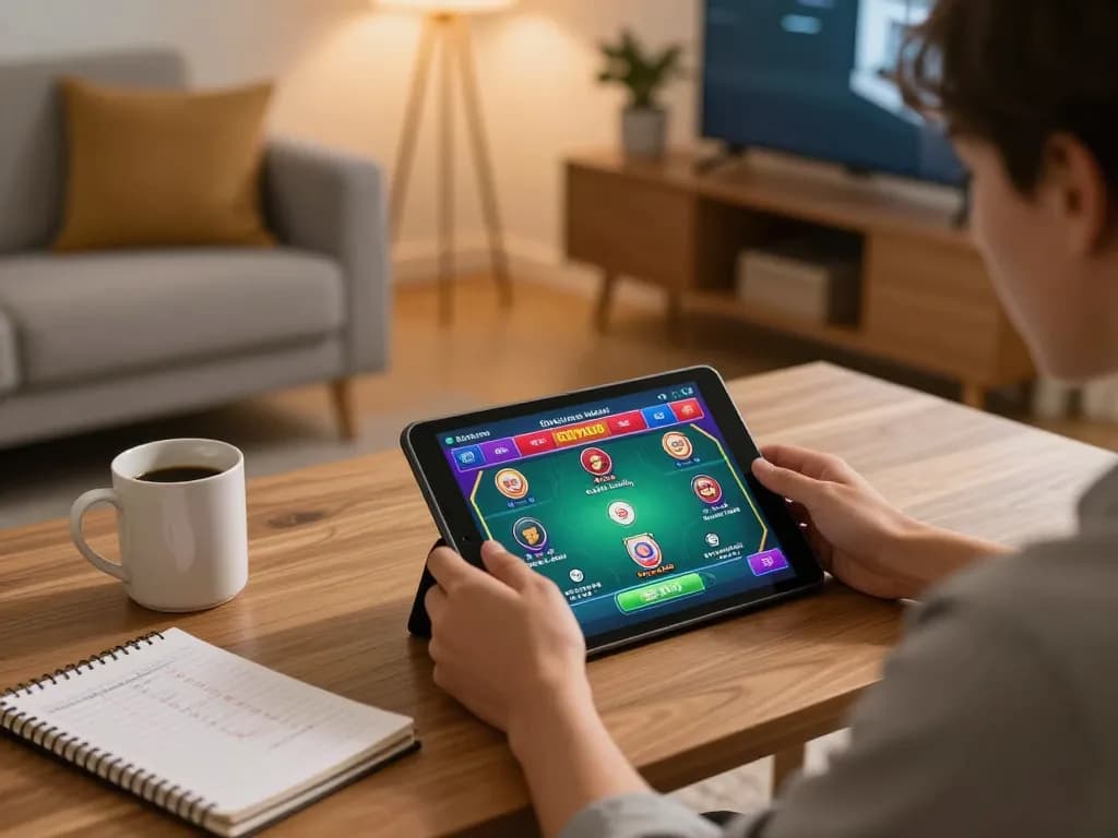 Engaged in online gambling at home with GA88 game interface visible on tablet, showcasing strategic gameplay.