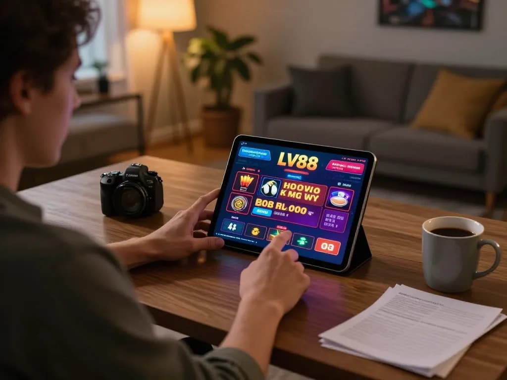 Engaging with LV88 on a tablet at home while preparing strategic betting notes.