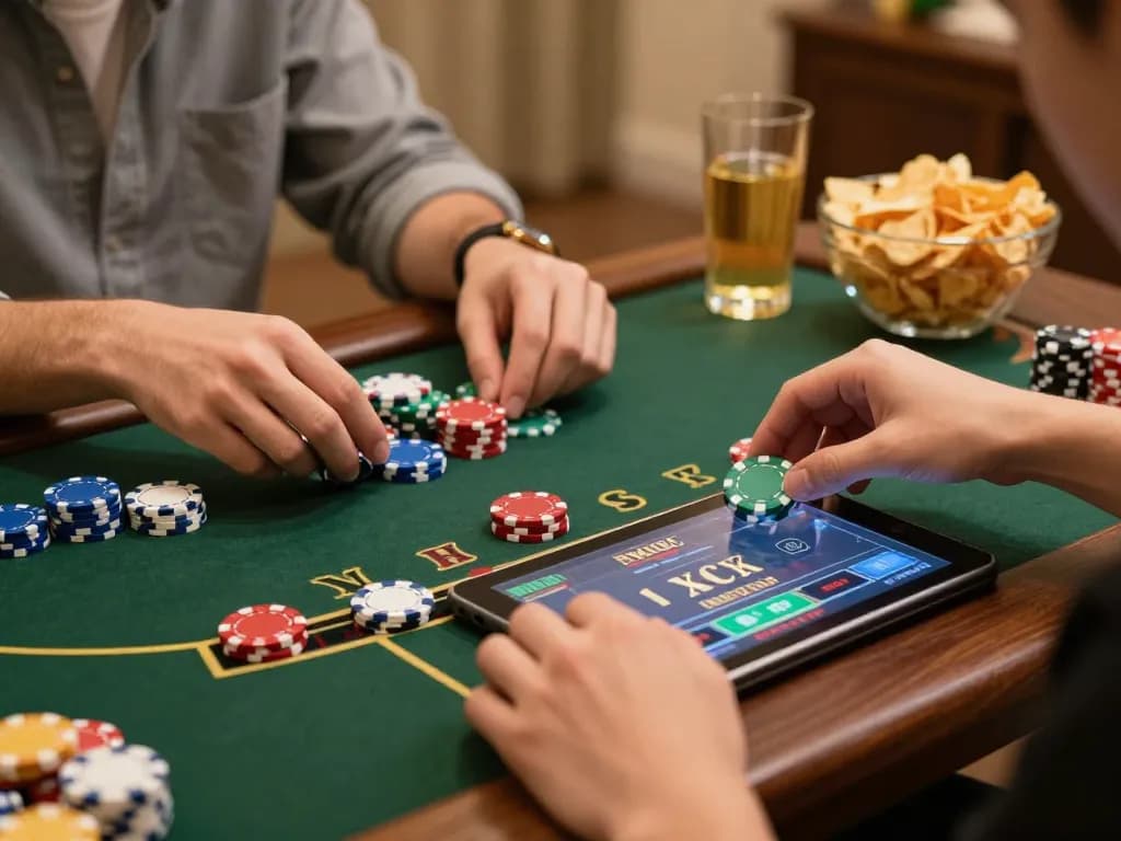 xóc đĩa online gameplay on tablet with players placing bets and colorful chips in a cozy home setting