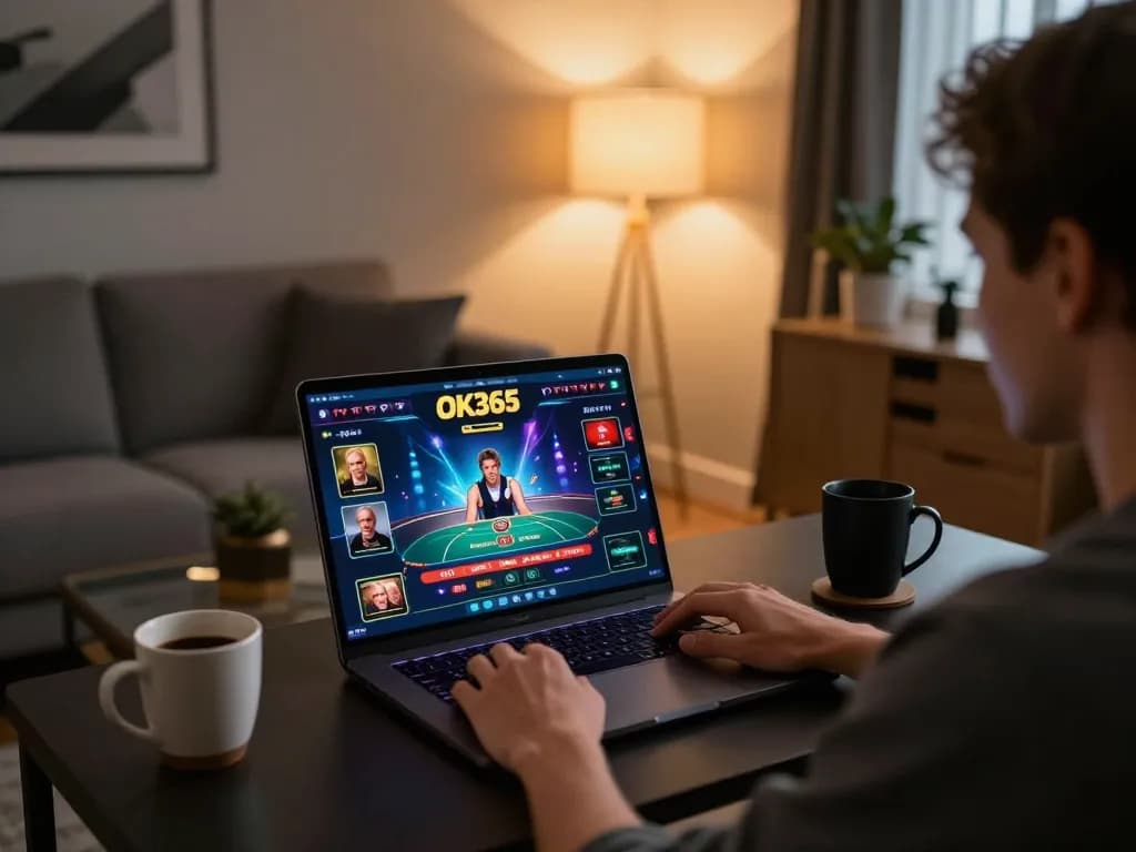 Engaged player at home using OK365 for online casino gaming on a sleek laptop.