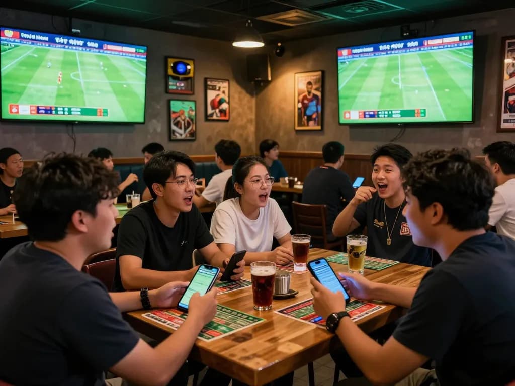 Fans excitedly placing bets and checking tỷ lệ kèo trực tuyến during a live sporting event at a lively sports bar.