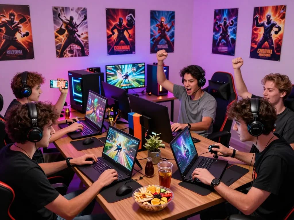 Engaged players enjoying rikvip games on multiple devices in a vibrant gaming room