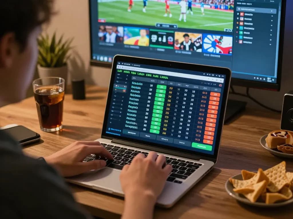 Using kèo nhà cái for live sports betting on laptop, capturing an exciting online gambling moment