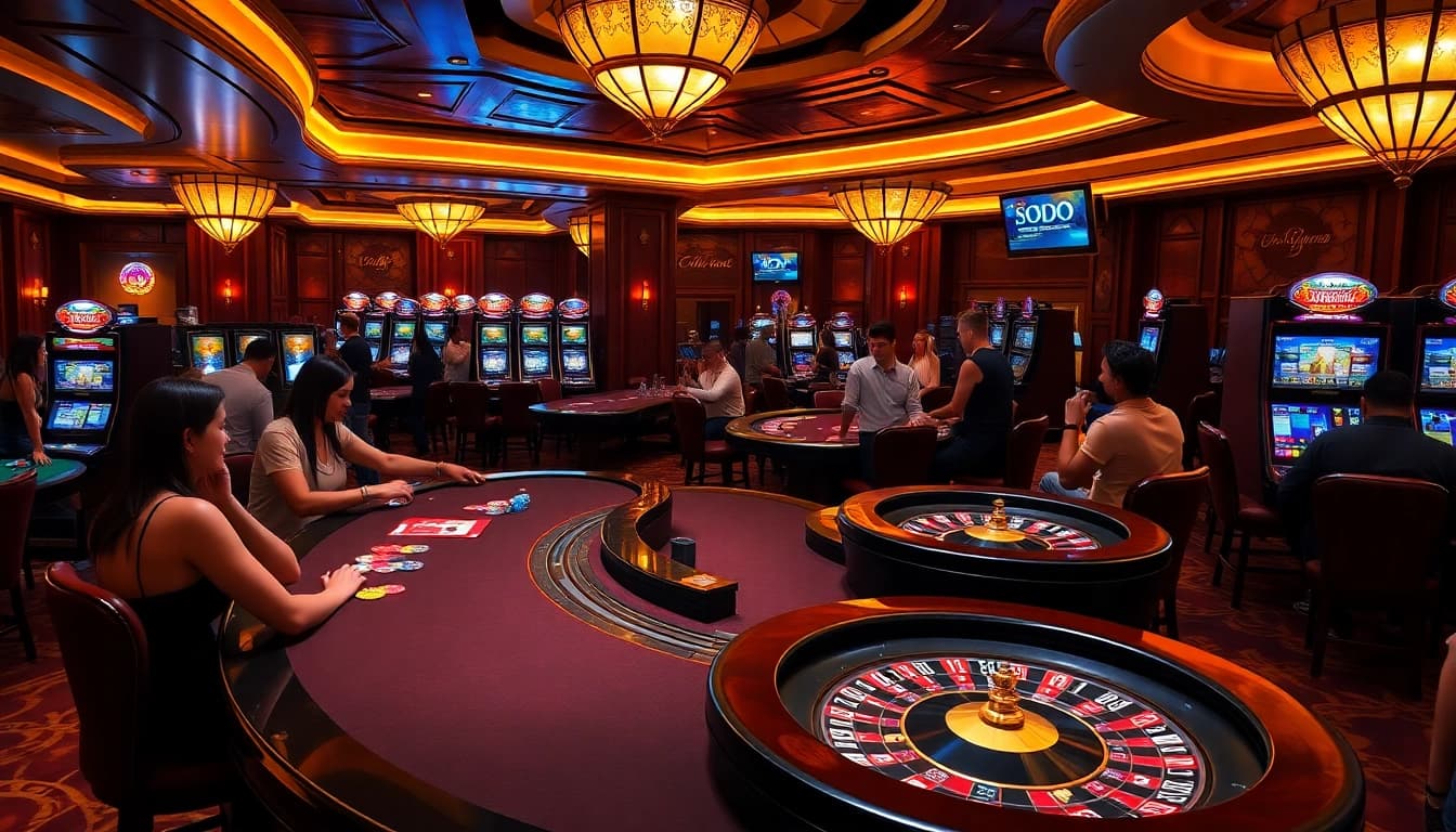 SODO Casino scene with gamblers enjoying high-stakes games at professional tables