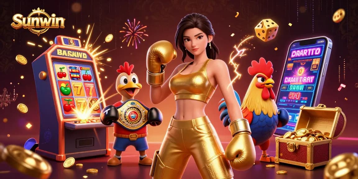 Play and win at Sunwin with exciting casino games surrounded by vibrant slot machines and golden treasures.