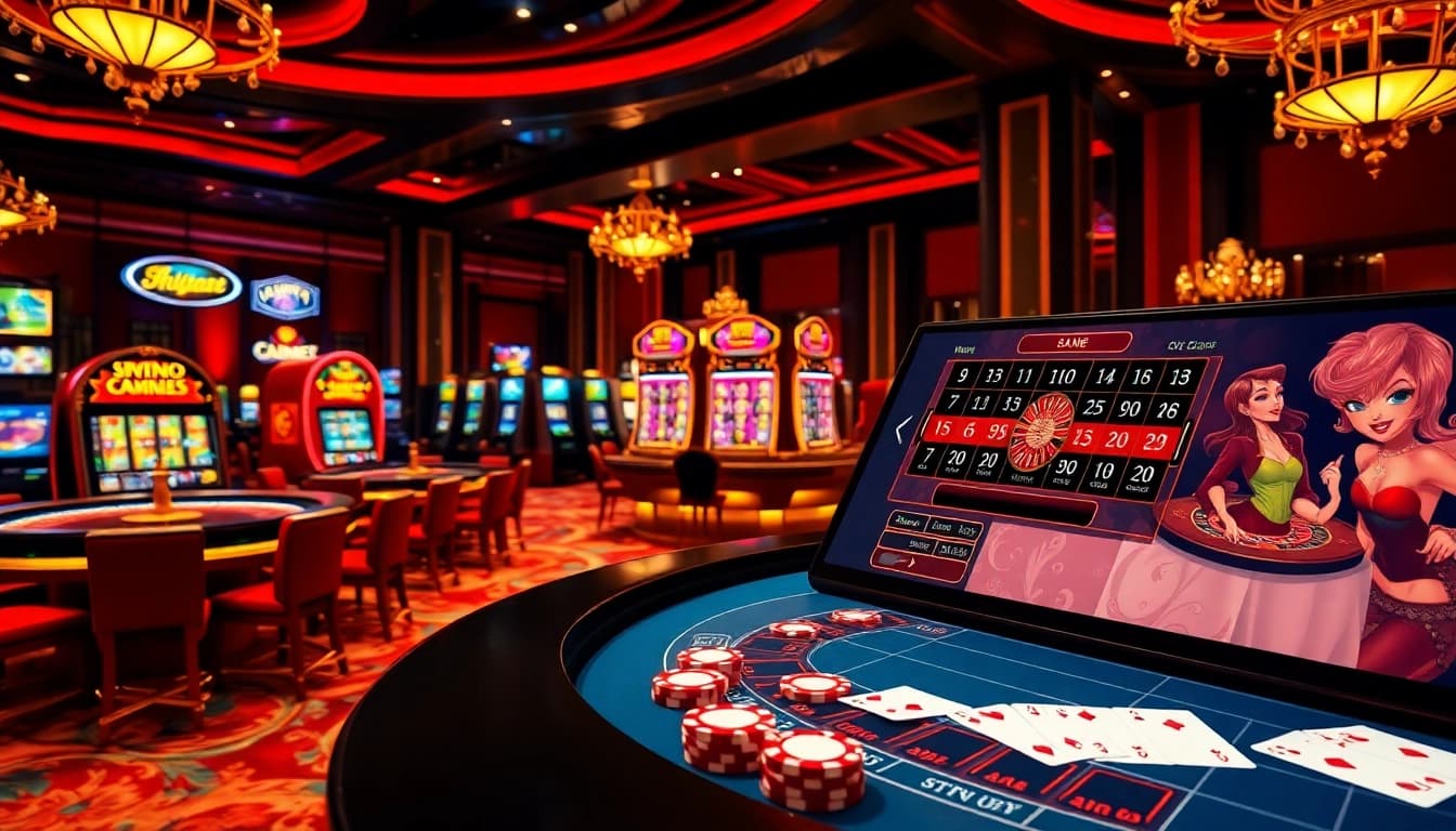 Thabet casino excitement illustrated with vibrant roulette tables and elegant slot machines.